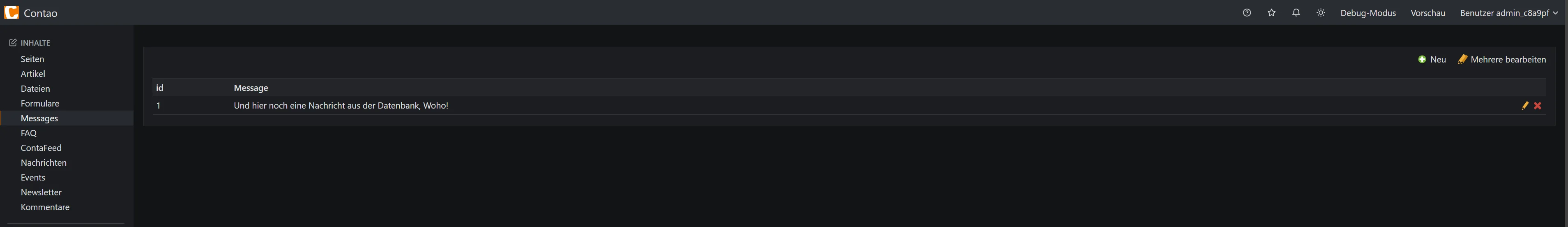 Im Contao-Backend befindet sich nun der Menüreiter 'Messages', der dazu dient, Nachrichten zu erstellen