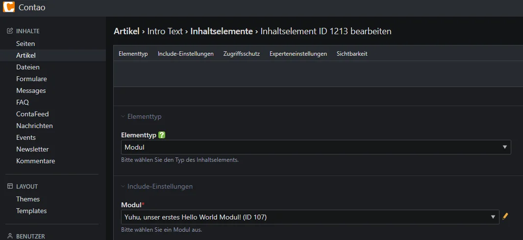 Verweis vom Frontend-Module in einem Artikel Im Contao Backend den Frontend-Module in einem Artikel zuweisen