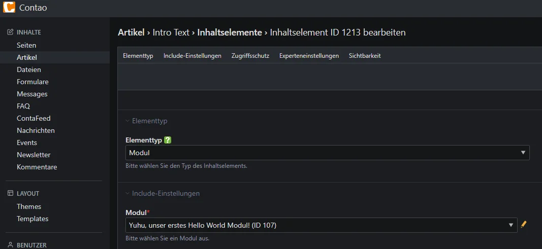 Im Contao Backend den Frontend-Module in einem Artikel zuweisen