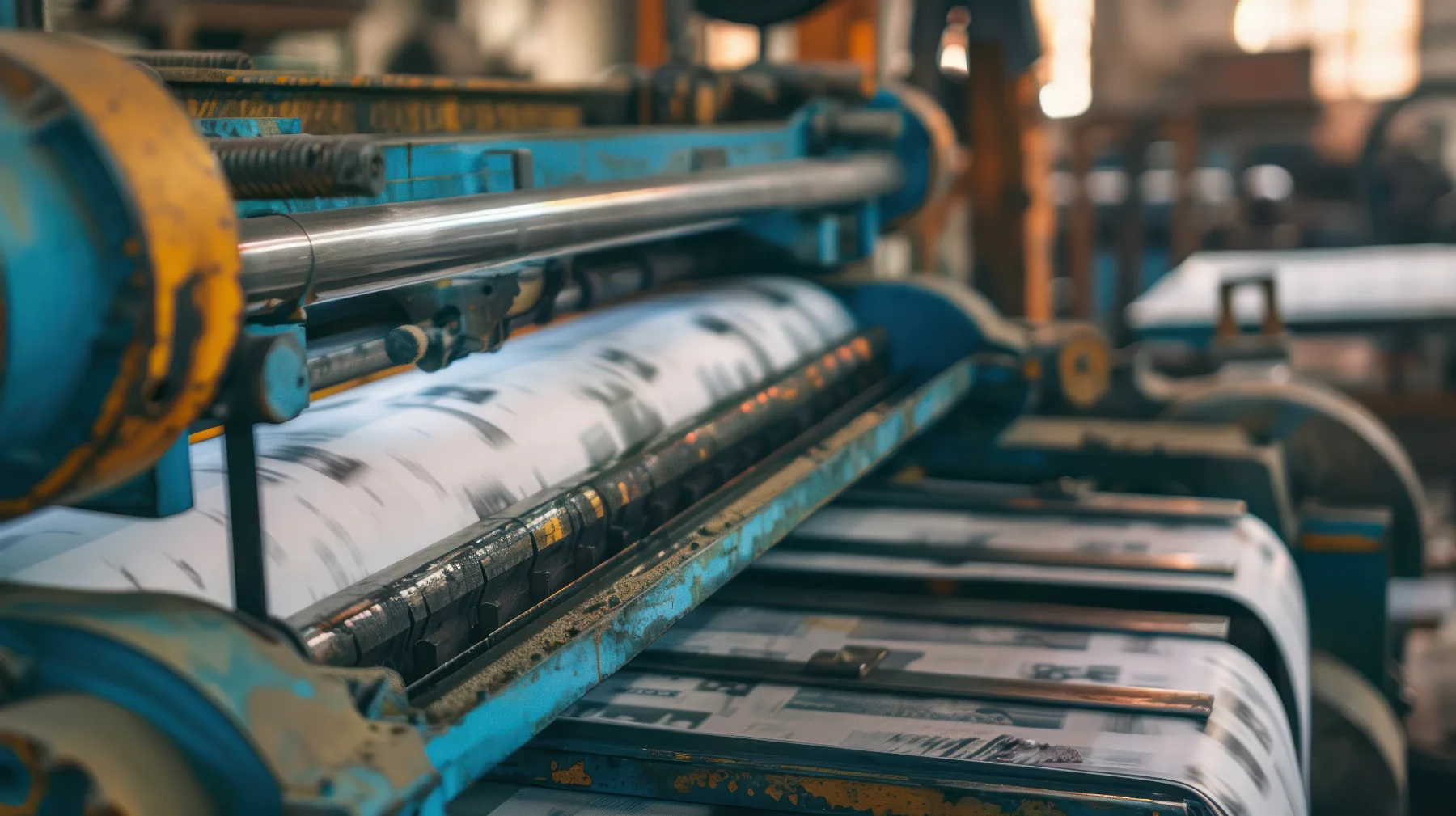 Gros plan sur les rouleaux d'une presse d'imprimerie en marche