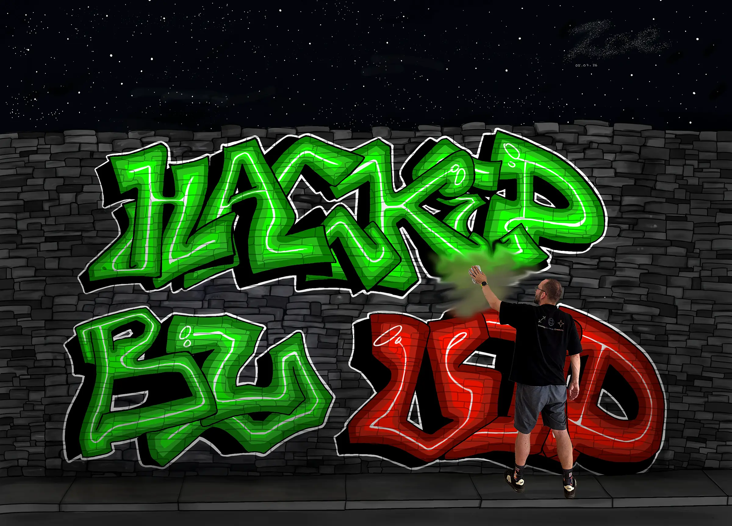 Eine Person im TIME4DIGITAL-Shirt wischt den erfundenen Graffiti-Schriftzug HACKED BY VOID von einer Steinmauer.