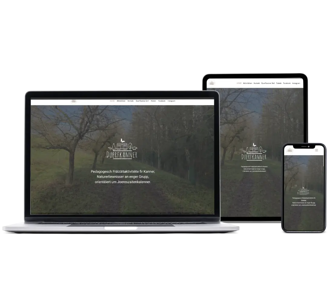 Die Duerfkanner-Homepage wird auf einem Bildschirm, Tablet und Smartphone angezeigt.