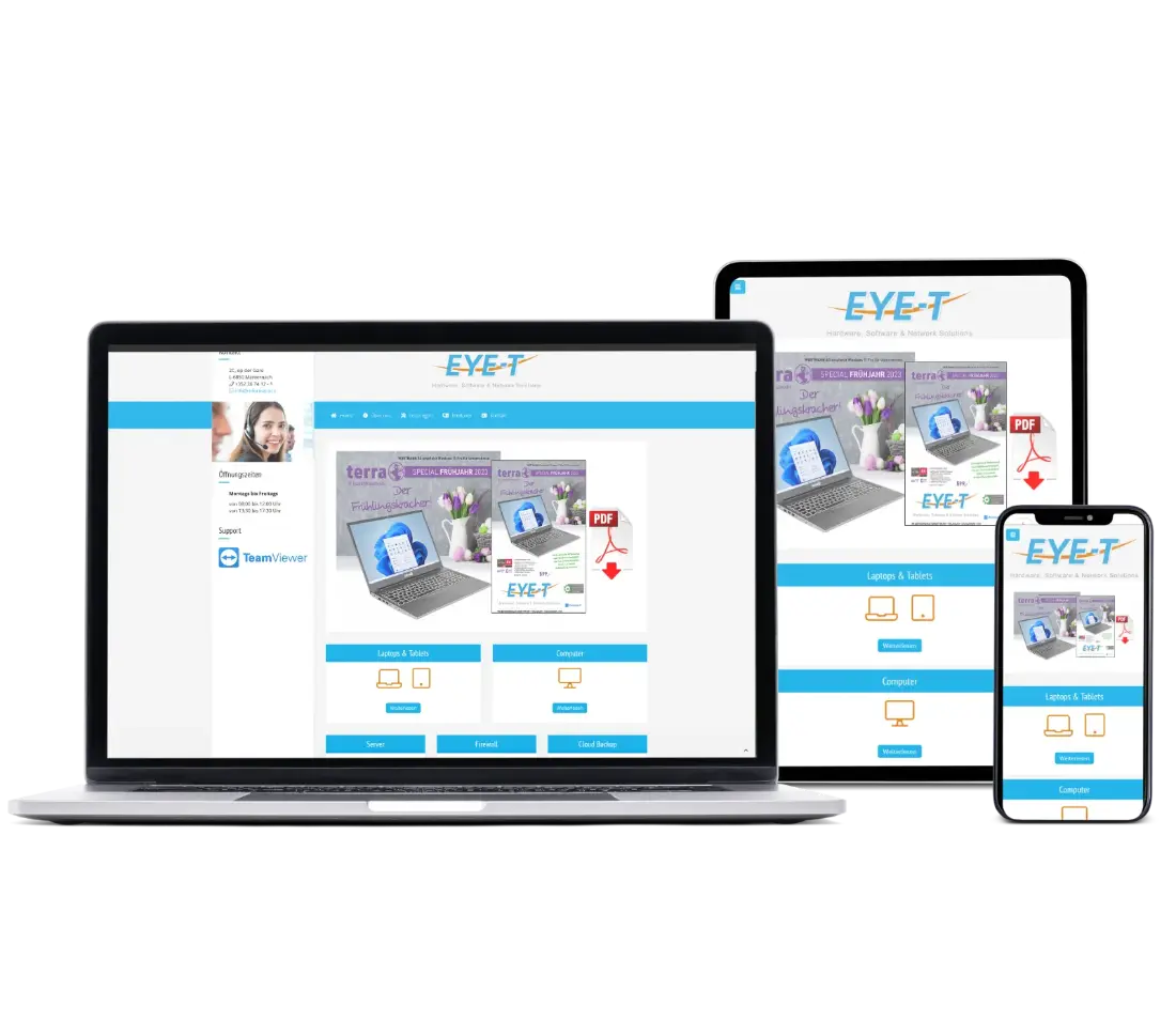 Die Eye-T-Homepage wird auf einem Bildschirm, Tablet und Smartphone angezeigt.