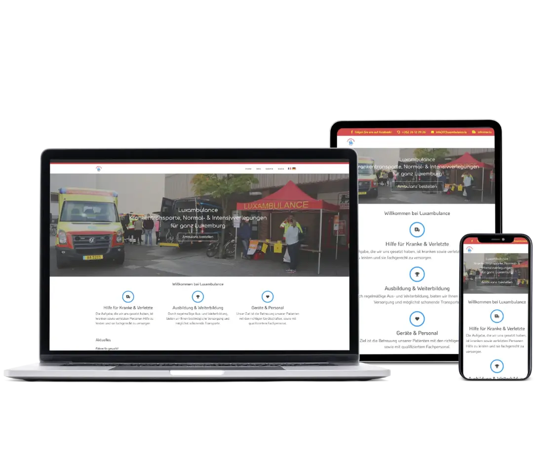 La page d'accueil de Luxambulance est affichée sur un écran, une tablette et un smartphone.