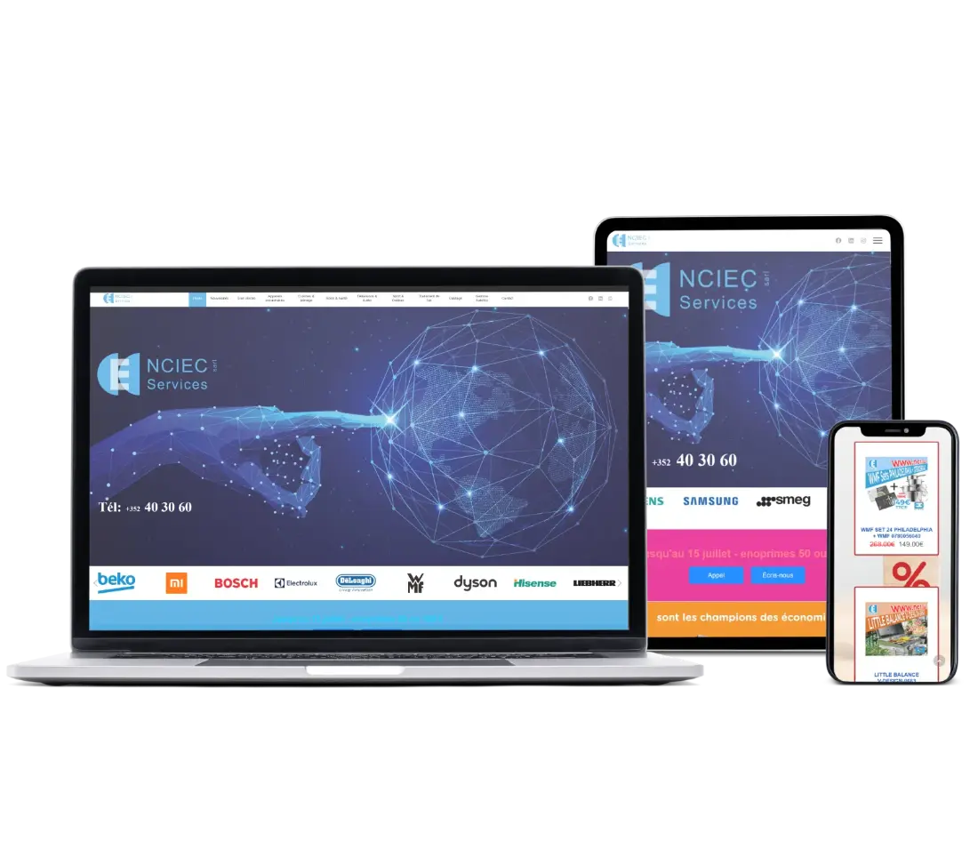 Die NCIEC-Sales Homepage wird auf einem Bildschirm, Tablet und Smartphone angezeigt.