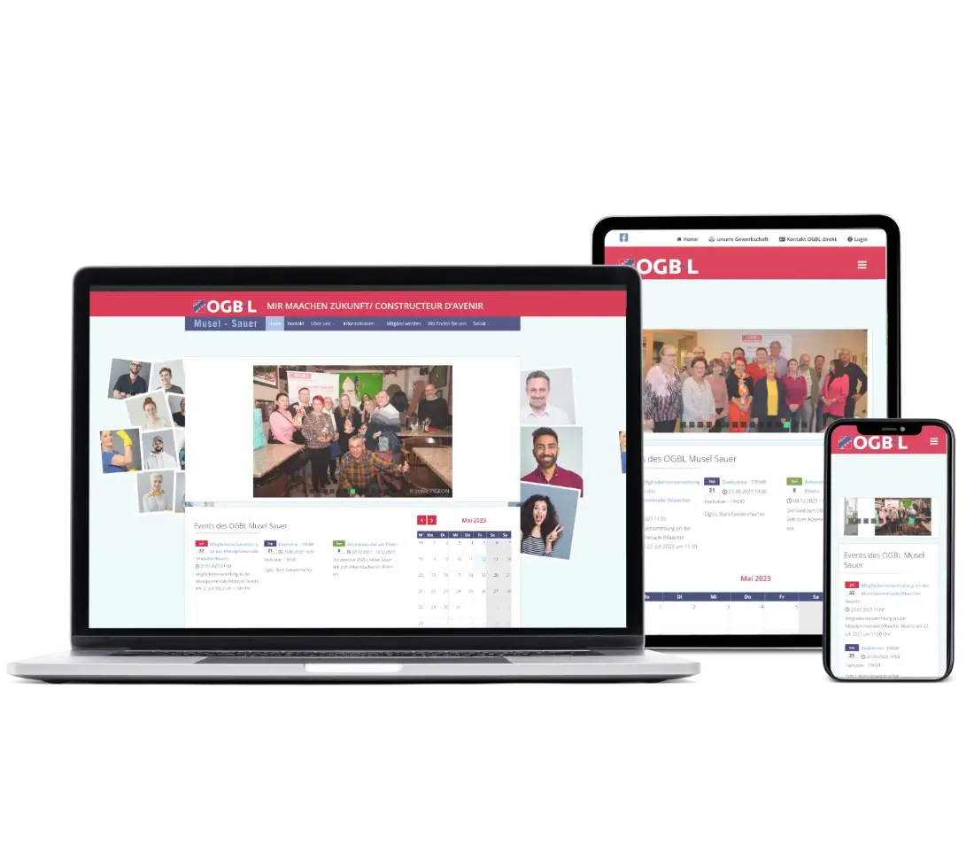 Die OGBL-Musel-Sauer Homepage wird auf einem Bildschirm, Tablet und Smartphone angezeigt.