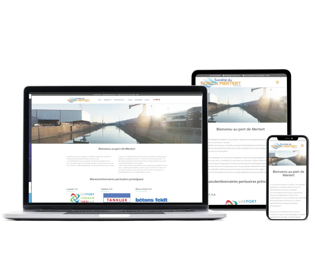La page d'accueil de Portmertert est affichée sur un écran, une tablette et un smartphone.