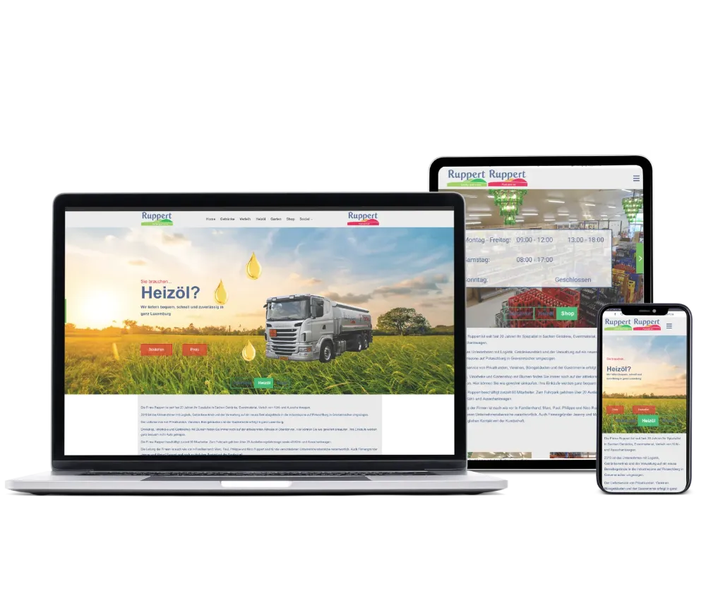 Die Ruppert-Homepage wird auf einem Bildschirm, Tablet und Smartphone angezeigt.